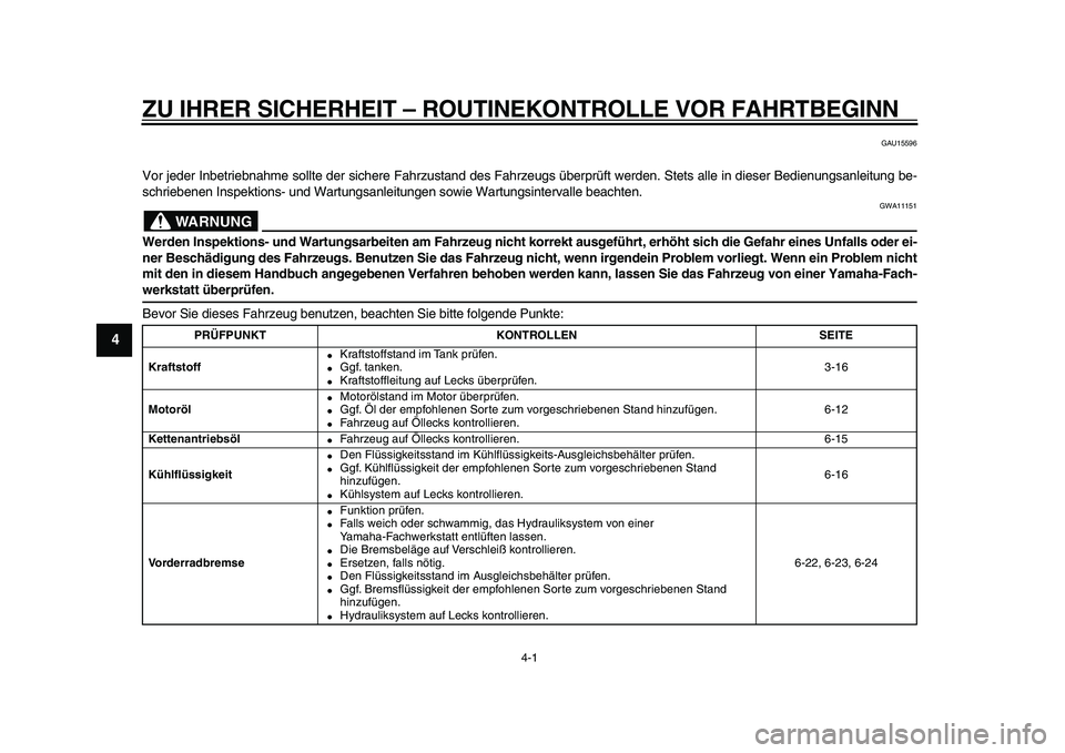 YAMAHA TMAX 2010  Betriebsanleitungen (in German)  
4-1 
1
2
3
4
5
6
7
8
9
 
ZU IHRER SICHERHEIT – ROUTINEKONTROLLE VOR FAHRTBEGINN 
GAU15596 
Vor jeder Inbetriebnahme sollte der sichere Fahrzustand des Fahrzeugs überprüft werden. Stets alle in d