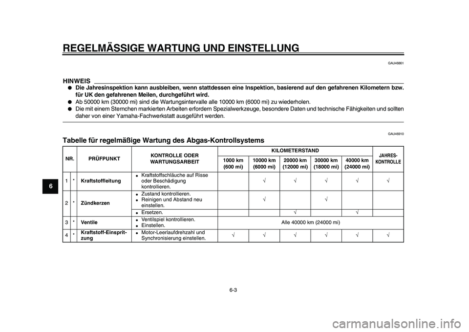 YAMAHA TMAX 2010  Betriebsanleitungen (in German)  
REGELMÄSSIGE WARTUNG UND EINSTELLUNG 
6-3 
1
2
3
4
5
6
7
8
9
 
GAU46861
HINWEIS
 
 
Die Jahresinspektion kann ausbleiben, wenn stattdessen eine Inspektion, basierend auf den gefahrenen Kilometern 