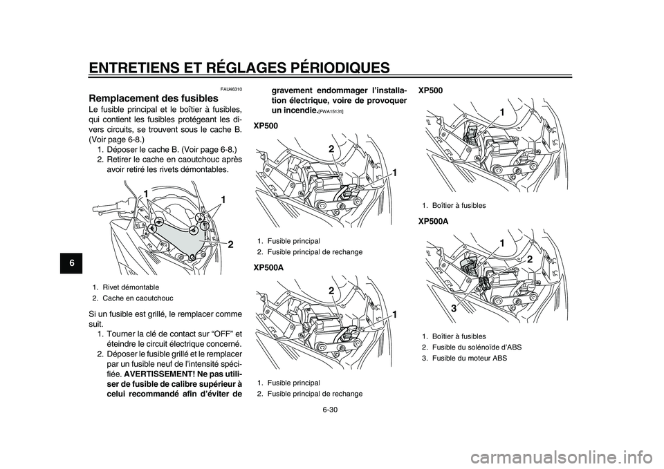 YAMAHA TMAX 2010  Notices Demploi (in French)  
ENTRETIENS ET RÉGLAGES PÉRIODIQUES 
6-30 
1
2
3
4
5
6
7
8
9
 
FAU46310 
Remplacement des fusibles  
Le fusible principal et le boîtier à fusibles,
qui contient les fusibles protégeant les di-
v