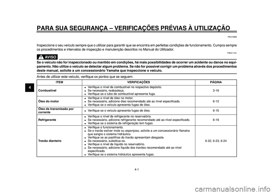 YAMAHA TMAX 2010  Manual de utilização (in Portuguese)  
4-1 
1
2
3
4
5
6
7
8
9
 
PARA SUA SEGURANÇA – VERIFICAÇÕES PRÉVIAS À UTILIZAÇÃO 
PAU15596 
Inspeccione o seu veículo sempre que o utilizar para garantir que se encontra em perfeitas condi