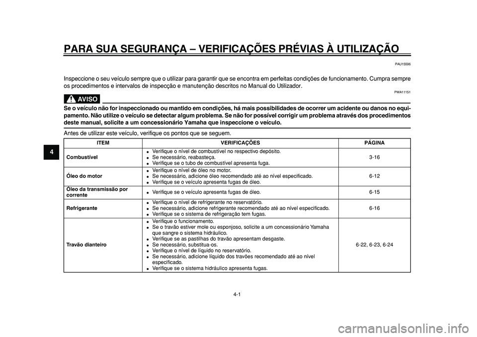 YAMAHA TMAX 2010  Manual de utilização (in Portuguese)  
4-1 
1
2
3
4
5
6
7
8
9
 
PARA SUA SEGURANÇA – VERIFICAÇÕES PRÉVIAS À UTILIZAÇÃO 
PAU15596 
Inspeccione o seu veículo sempre que o utilizar para garantir que se encontra em perfeitas condi�