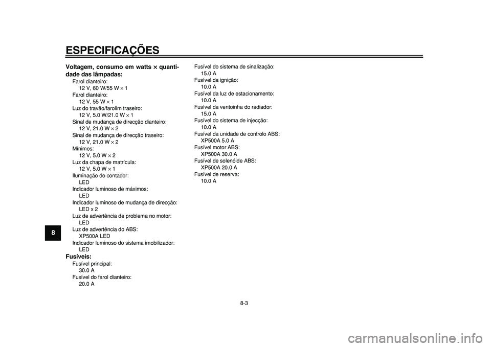 YAMAHA TMAX 2010  Manual de utilização (in Portuguese)  
ESPECIFICAÇÕES 
8-3 
1
2
3
4
5
6
7
8
9
 
Voltagem, consumo em watts      
×× × × 
 quanti-
dade das lâmpadas: 
Farol dianteiro: 
12 V, 60 W/55 W  
× 
 1
Farol dianteiro: 
12 V, 55 W  
× 
 1