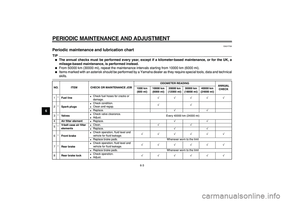 YAMAHA TMAX 2009  Owners Manual  
PERIODIC MAINTENANCE AND ADJUSTMENT 
6-3 
1
2
3
4
5
6
7
8
9
 
EAU1770A 
Periodic maintenance and lubrication chart 
TIP
 
 
The annual checks must be performed every year, except if a kilometer-bas