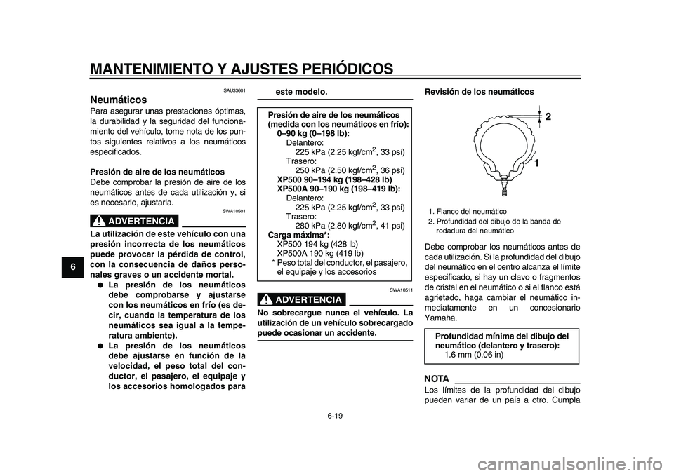 YAMAHA TMAX 2009 Manuale de Empleo (in Spanish)
MANTENIMIENTO Y AJUSTES PERIÓDICOS
6-19
1
2
3
4
5
6
7
8
9
SAU33601
Neumáticos
Para asegurar unas prestaciones óptimas,
la durabilidad y la seguridad del funciona-
miento del vehículo, tom YAMAHA TMAX 2009 Manuale de Empleo (in Spanish)
MANTENIMIENTO Y AJUSTES PERIÓDICOS
6-19
1
2
3
4
5
6
7
8
9
SAU33601
Neumáticos
Para asegurar unas prestaciones óptimas,
la durabilidad y la seguridad del funciona-
miento del vehículo, tom