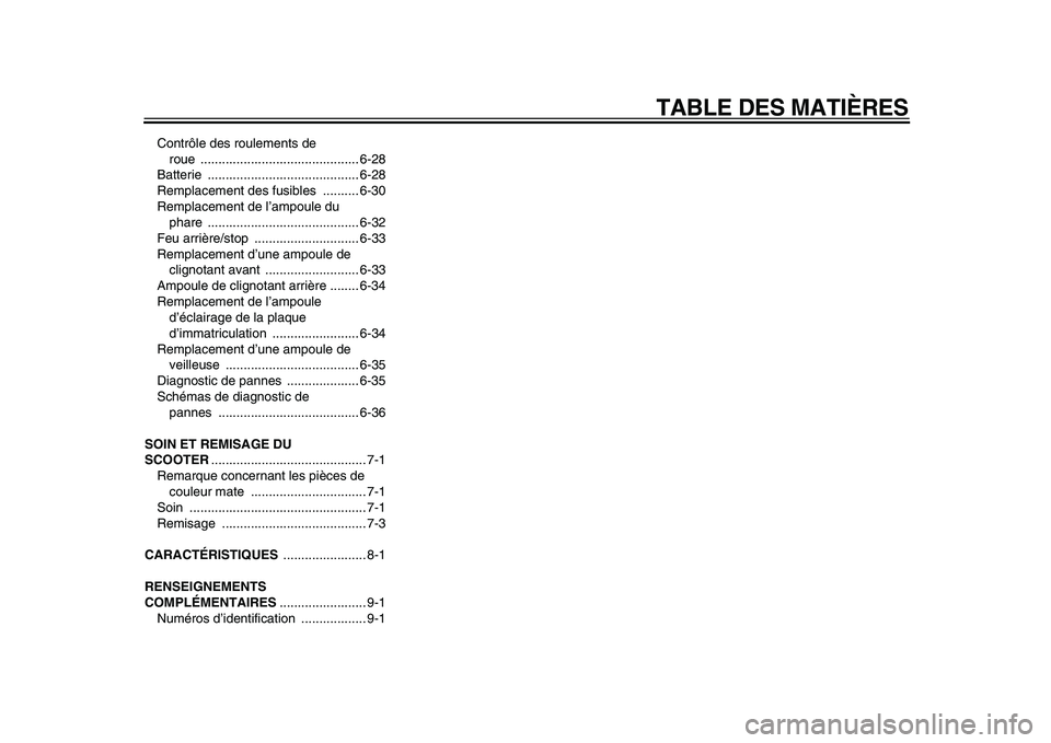 YAMAHA TMAX 2009  Notices Demploi (in French)  
TABLE DES MATIÈRES 
Contrôle des roulements de 
roue ............................................ 6-28
Batterie .......................................... 6-28
Remplacement des fusibles  .........