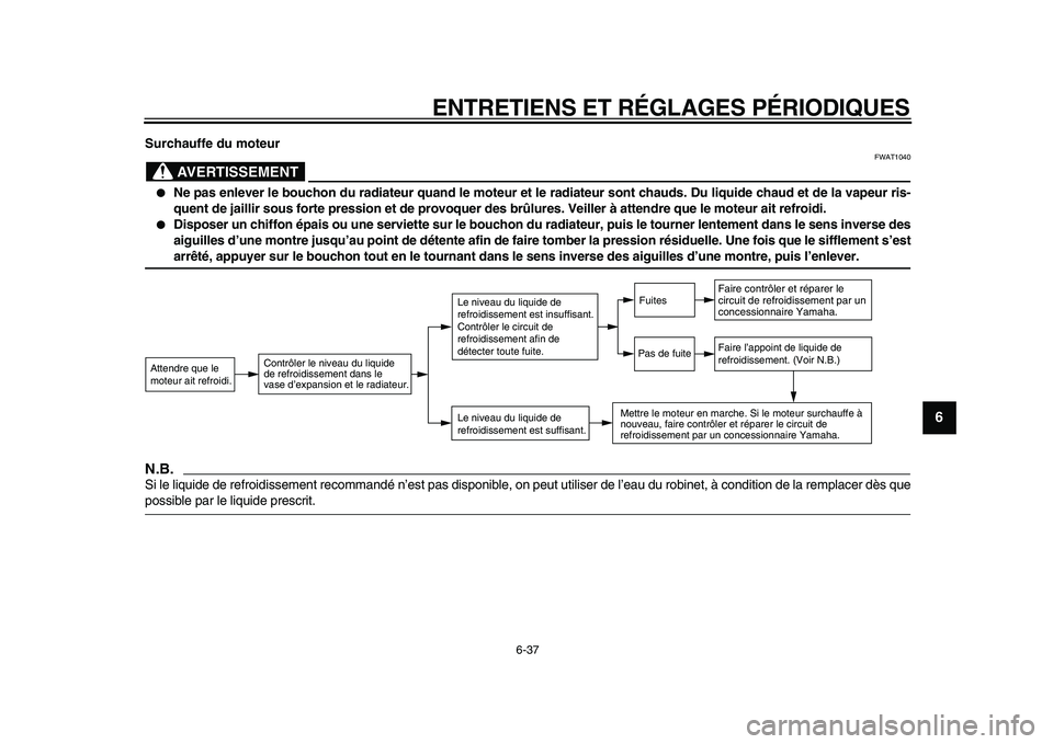YAMAHA TMAX 2009  Notices Demploi (in French)  
ENTRETIENS ET RÉGLAGES PÉRIODIQUES 
6-37 
2
3
4
5
67
8
9
 
Surchauffe du moteur
AVERTISSEMENT
 
FWAT1040 
● 
Ne pas enlever le bouchon du radiateur quand le moteur et le radiateur sont chauds. D