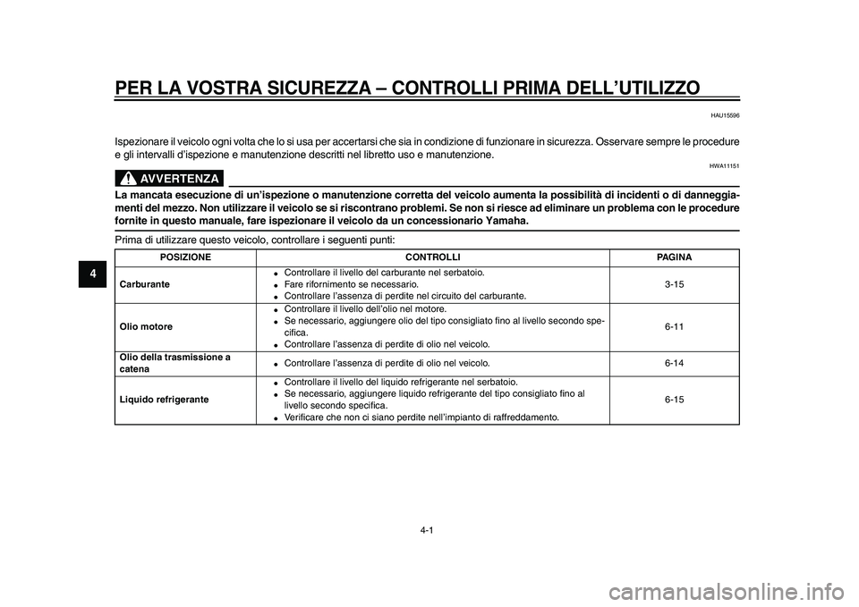 YAMAHA TMAX 2009 Manuale duso (in Italian)
4-1
1
2
3
4
5
6
7
8
9
PER LA VOSTRA SICUREZZA
– CONTROLLI PRIMA DELL’UTILIZZO
HAU15596
Ispezionare il veicolo ogni volta che lo si usa per accertarsi che sia in condizione di funzionare in YAMAHA TMAX 2009 Manuale duso (in Italian)
4-1
1
2
3
4
5
6
7
8
9
PER LA VOSTRA SICUREZZA
– CONTROLLI PRIMA DELL’UTILIZZO
HAU15596
Ispezionare il veicolo ogni volta che lo si usa per accertarsi che sia in condizione di funzionare in