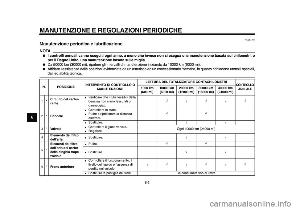 YAMAHA TMAX 2009  Manuale duso (in Italian)  
MANUTENZIONE E REGOLAZIONI PERIODICHE
 
6-2 
1
2
3
4
5
6
7
8
9
 
HAU1770A 
Manutenzione periodica e lubrificazione 
NOTA
 
● 
I controlli annuali vanno eseguiti ogni anno, a meno che invece non si