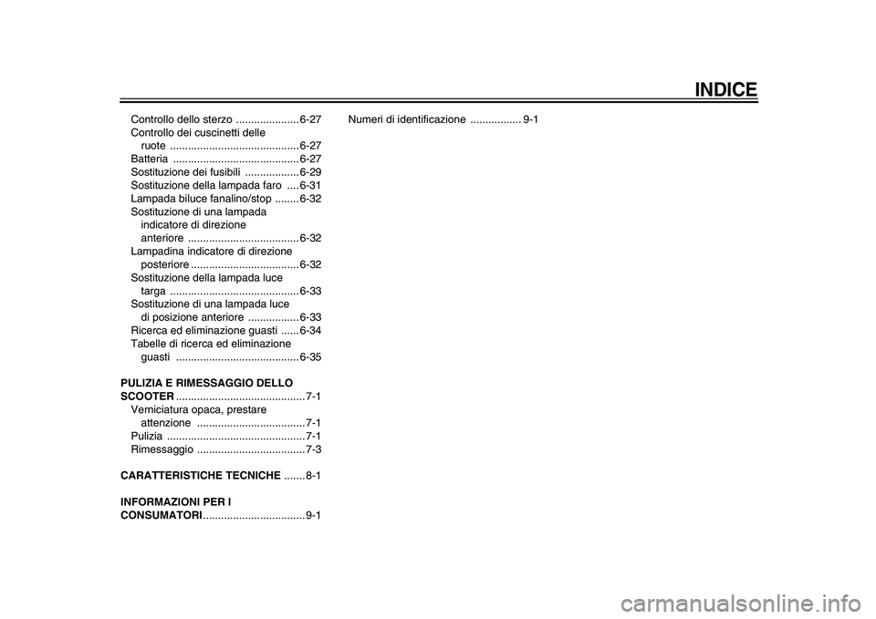 YAMAHA TMAX 2009  Manuale duso (in Italian)  
INDICE
 
Controllo dello sterzo  ..................... 6-27
Controllo dei cuscinetti delle 
ruote ........................................... 6-27
Batteria ..........................................