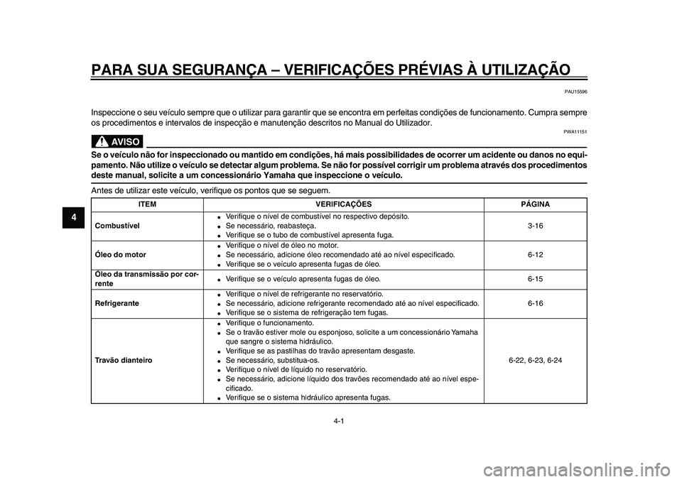 YAMAHA TMAX 2009 Manual de utilização (in Portuguese)
4-1
1
2
3
4
5
6
7
8
9
PARA SUA SEGURANÇA – VERIFICAÇÕES PRÉVIAS À UTILIZAÇÃO
PAU15596
Inspeccione o seu veículo sempre que o utilizar para garantir que se encontra em perfeitas condi YAMAHA TMAX 2009 Manual de utilização (in Portuguese)
4-1
1
2
3
4
5
6
7
8
9
PARA SUA SEGURANÇA – VERIFICAÇÕES PRÉVIAS À UTILIZAÇÃO
PAU15596
Inspeccione o seu veículo sempre que o utilizar para garantir que se encontra em perfeitas condi