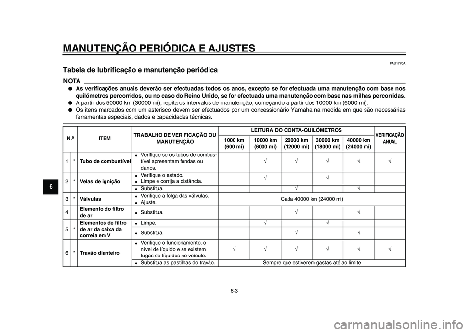YAMAHA TMAX 2009 Manual de utilização (in Portuguese)
MANUTENÇÃO PERIÓDICA E AJUSTES
6-3
1
2
3
4
5
6
7
8
9
PAU1770A
Tabela de lubrificação e manutenção periódica
NOTA
●
As verificações anuais deverão ser efectuadas todos os anos, YAMAHA TMAX 2009 Manual de utilização (in Portuguese)
MANUTENÇÃO PERIÓDICA E AJUSTES
6-3
1
2
3
4
5
6
7
8
9
PAU1770A
Tabela de lubrificação e manutenção periódica
NOTA
●
As verificações anuais deverão ser efectuadas todos os anos,