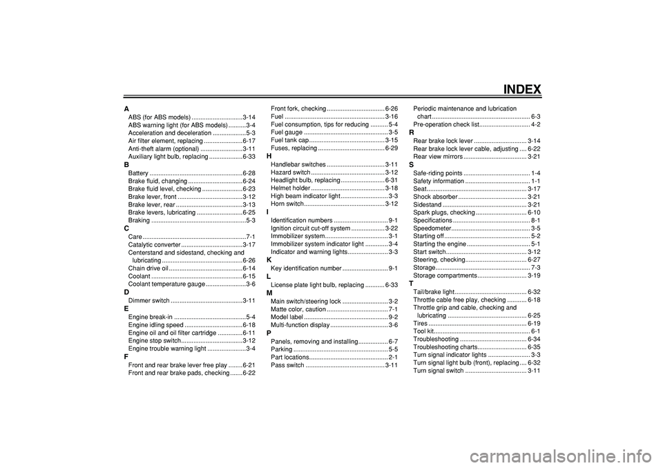 YAMAHA TMAX 2008 Owners Guide  
INDEX 
A 
ABS (for ABS models) .............................3-14
ABS warning light (for ABS models) ..........3-4
Acceleration and deceleration ...................5-3
Air filter element, replacing .