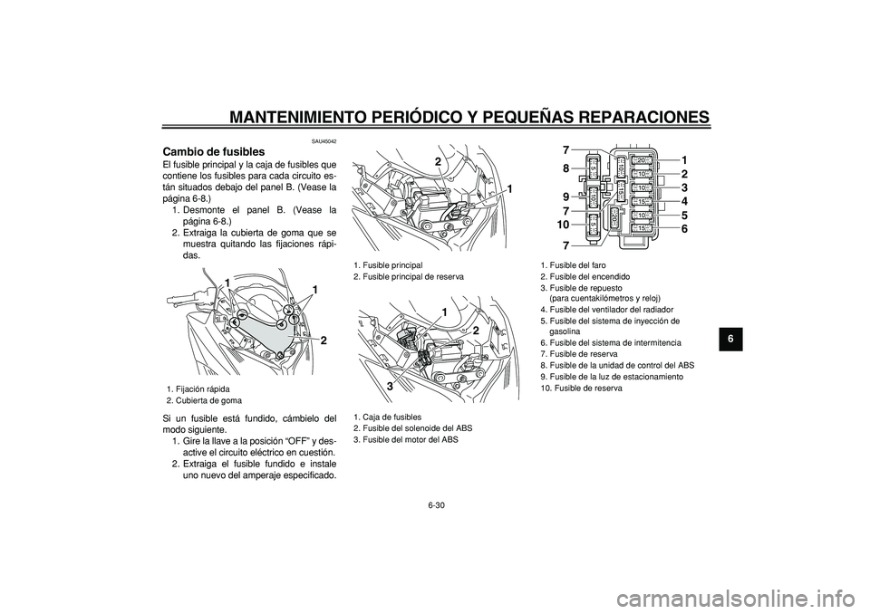 YAMAHA TMAX 2008  Manuale de Empleo (in Spanish)  
MANTENIMIENTO PERIÓDICO Y PEQUEÑAS REPARACIONES 
6-30 
2
3
4
5
67
8
9
 
SAU45042 
Cambio de fusibles  
El fusible principal y la caja de fusibles que
contiene los fusibles para cada circuito es-
t