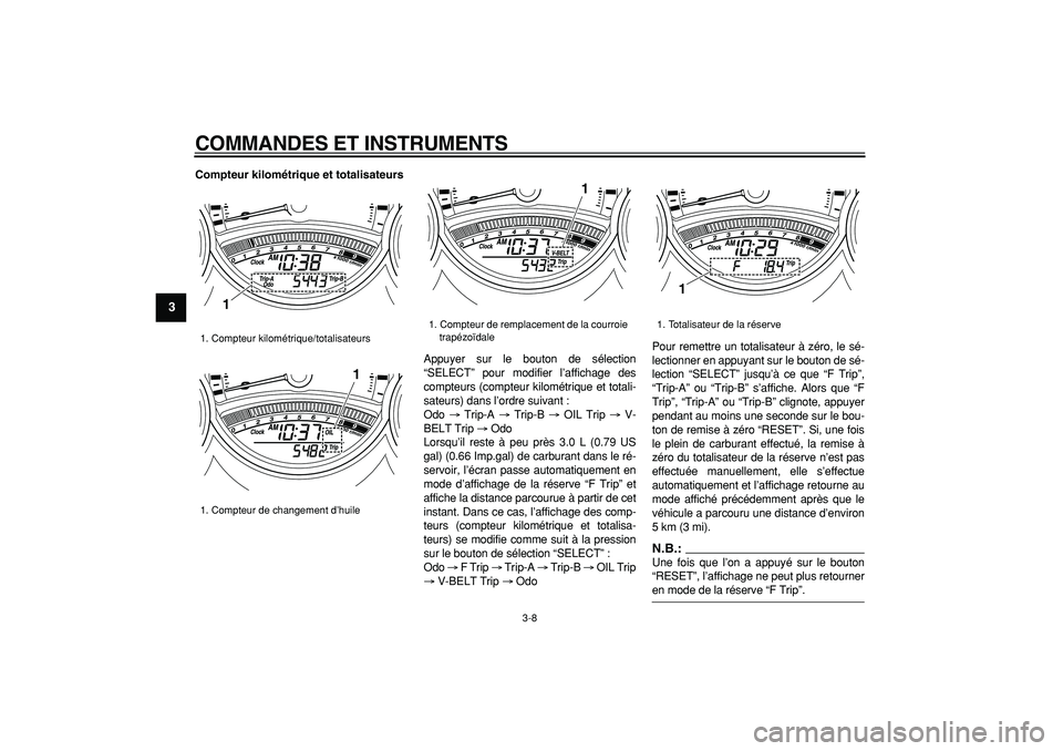 YAMAHA TMAX 2008  Notices Demploi (in French)  
COMMANDES ET INSTRUMENTS 
3-8 
1
2
3
4
5
6
7
8
9
 
Compteur kilométrique et totalisateurs 
Appuyer sur le bouton de sélection
“SELECT” pour modifier l’affichage des
compteurs (compteur kilom