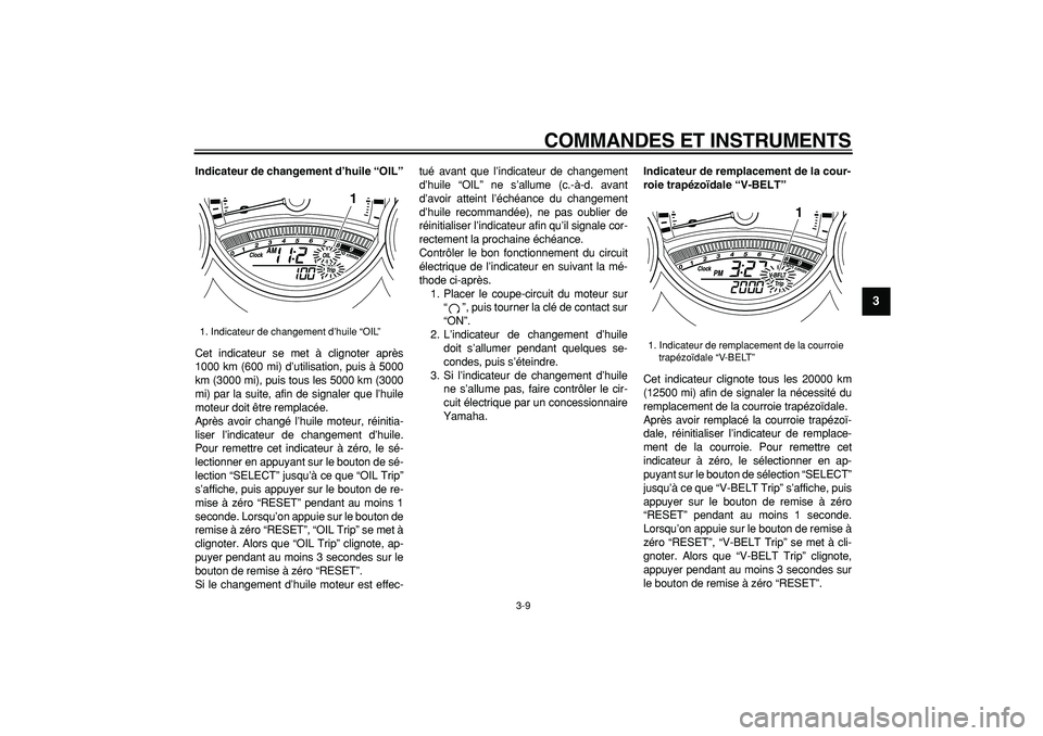 YAMAHA TMAX 2008  Notices Demploi (in French)  
COMMANDES ET INSTRUMENTS 
3-9 
2
34
5
6
7
8
9
 
Indicateur de changement d’huile “OIL” 
Cet indicateur se met à clignoter après
1000 km (600 mi) d’utilisation, puis à 5000
km (3000 mi), p