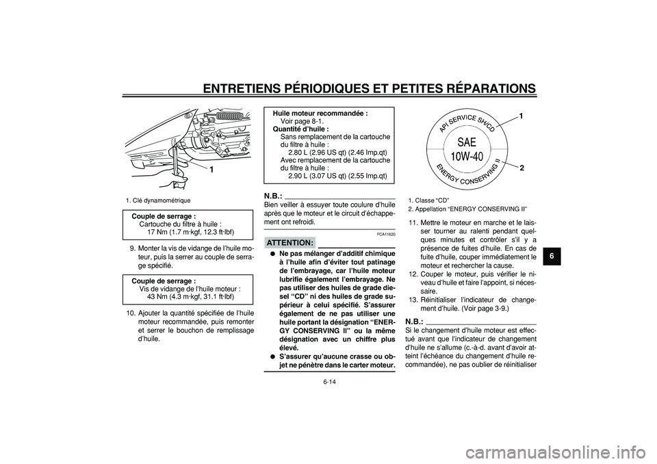YAMAHA TMAX 2008  Notices Demploi (in French)  
ENTRETIENS PÉRIODIQUES ET PETITES RÉPARATIONS 
6-14 
2
3
4
5
67
8
9
 
9. Monter la vis de vidange de l’huile mo-
teur, puis la serrer au couple de serra-
ge spécifié.
10. Ajouter la quantité 