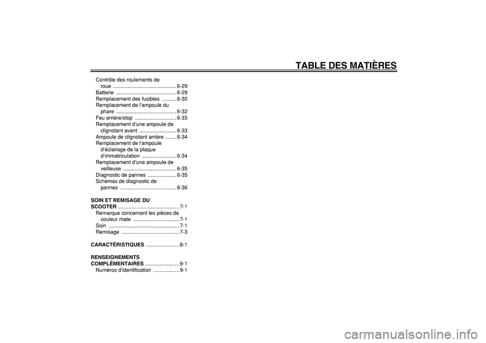 YAMAHA TMAX 2008  Notices Demploi (in French)  
TABLE DES MATIÈRES 
Contrôle des roulements de 
roue ............................................ 6-29
Batterie .......................................... 6-29
Remplacement des fusibles  .........