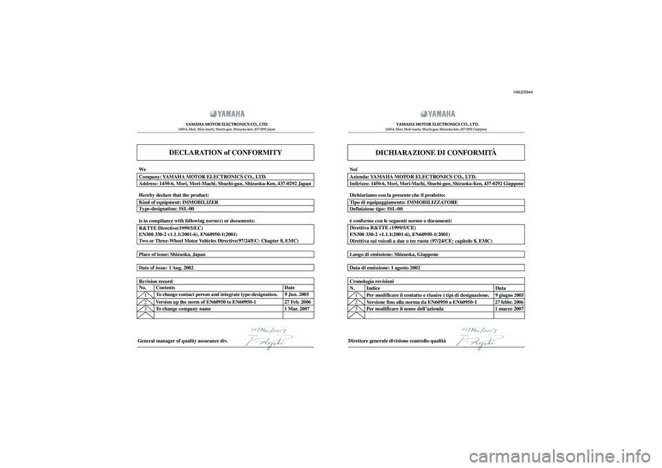 YAMAHA TMAX 2008  Manuale duso (in Italian) DECLARATION of CONFORMITY
  	
	
  
 	
 	

  
  
General manager of quality assurance div.
DICHIARAZIONE DI CONFORMITÀ
