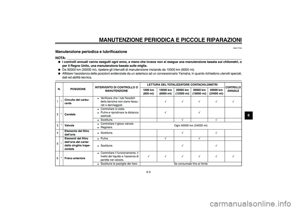 YAMAHA TMAX 2008  Manuale duso (in Italian)  
MANUTENZIONE PERIODICA E PICCOLE RIPARAZIONI
 
6-3 
2
3
4
5
67
8
9
 
HAU1770A 
Manutenzione periodica e lubrificazione 
NOTA:
 
 
I controlli annuali vanno eseguiti ogni anno, a meno che invece non