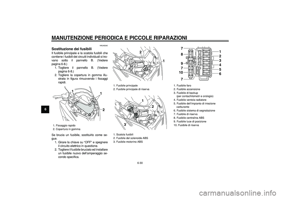 YAMAHA TMAX 2008  Manuale duso (in Italian)  
MANUTENZIONE PERIODICA E PICCOLE RIPARAZIONI
 
6-30 
1
2
3
4
5
6
7
8
9
 
HAU45042 
Sostituzione dei fusibili  
Il fusibile principale e la scatola fusibili che
contiene i fusibili dei circuiti indiv