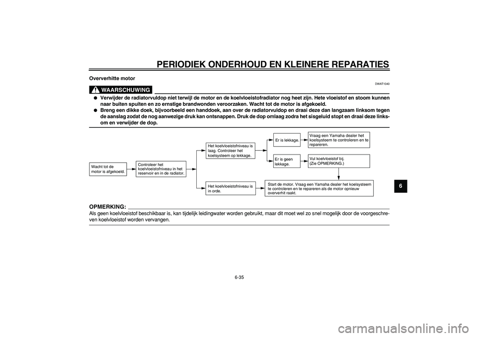 YAMAHA TMAX 2008  Instructieboekje (in Dutch)  
PERIODIEK ONDERHOUD EN KLEINERE REPARATIES 
6-35 
2
3
4
5
67
8
9
 
Oververhitte motor
WAARSCHUWING
 
DWAT1040 
 
Verwijder de radiatorvuldop niet terwijl de motor en de koelvloeistofradiator nog he