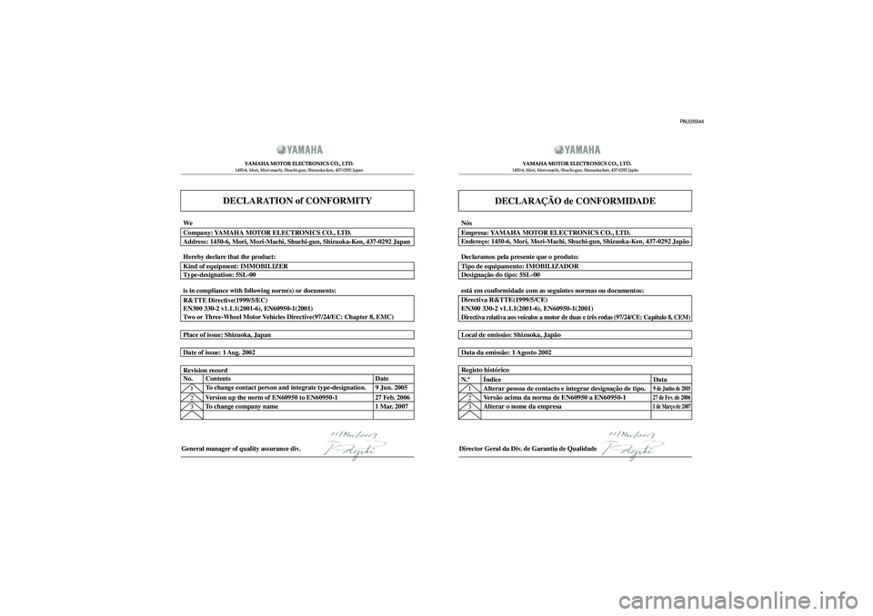 YAMAHA TMAX 2008  Manual de utilização (in Portuguese) DECLARATION of CONFORMITY
  	
	
  
 	
 	

  
  
General manager of quality assurance div.
DECLARAÇÃO de CONFORMIDADE

