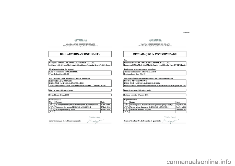 YAMAHA TMAX 2008  Manual de utilização (in Portuguese) DECLARATION of CONFORMITY
  	
	
  
 	
 	

  
  
General manager of quality assurance div.
DECLARAÇÃO de CONFORMIDADE
