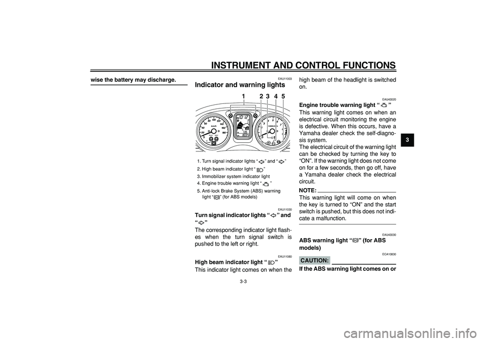 YAMAHA TMAX 2007  Owners Manual  
INSTRUMENT AND CONTROL FUNCTIONS 
3-3 
2
34
5
6
7
8
9
 
wise the battery may discharge. 
EAU11003 
Indicator and warning lights  
EAU11030 
Turn signal indicator lights “” and 
“”  
The corr
