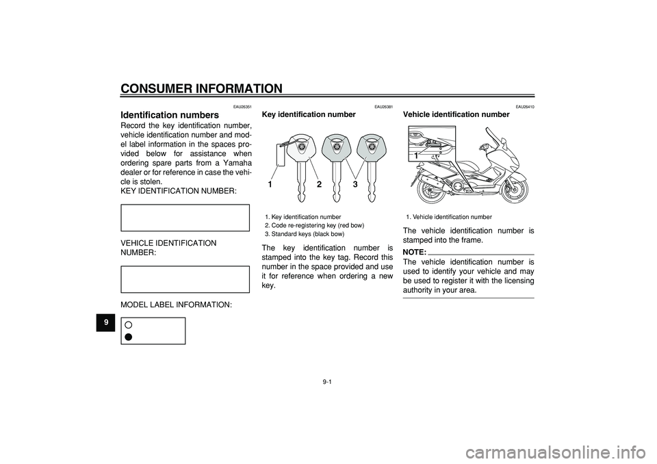 YAMAHA TMAX 2007 Manual Online  
9-1 
1
2
3
4
5
6
7
8
9
 
CONSUMER INFORMATION 
EAU26351 
Identification numbers  
Record the key identification number,
vehicle identification number and mod-
el label information in the spaces pro-
