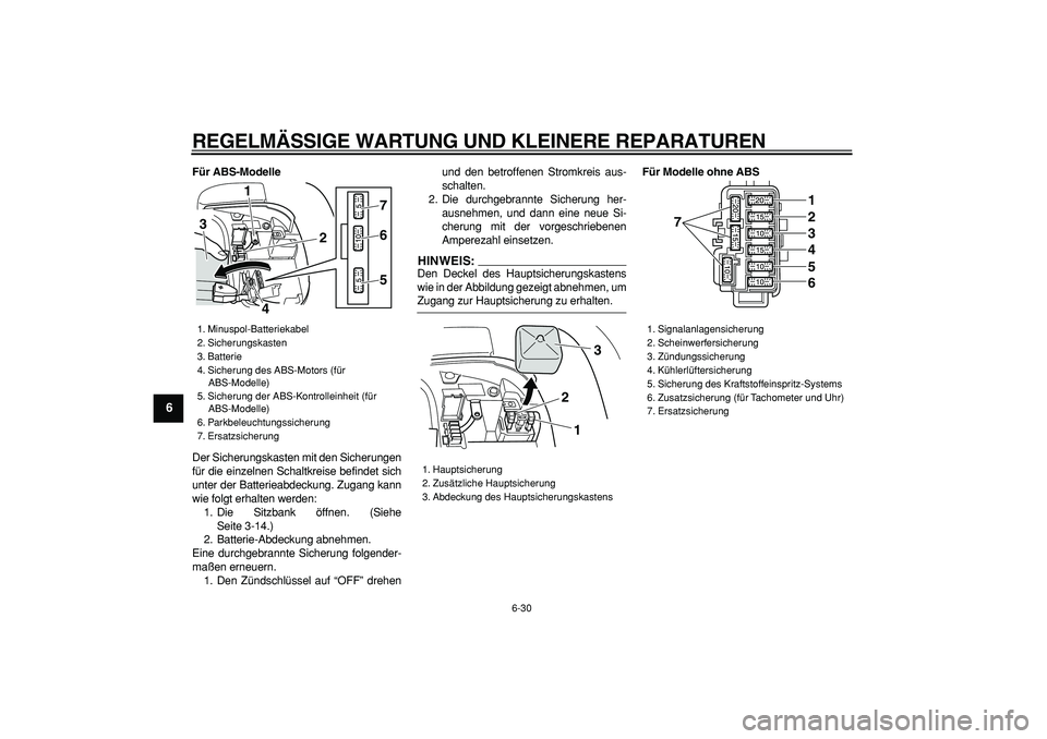 YAMAHA TMAX 2007  Betriebsanleitungen (in German)  
REGELMÄSSIGE WARTUNG UND KLEINERE REPARATUREN 
6-30 
1
2
3
4
5
6
7
8
9
 
Für ABS-Modelle 
Der Sicherungskasten mit den Sicherungen
für die einzelnen Schaltkreise befindet sich
unter der Batteriea