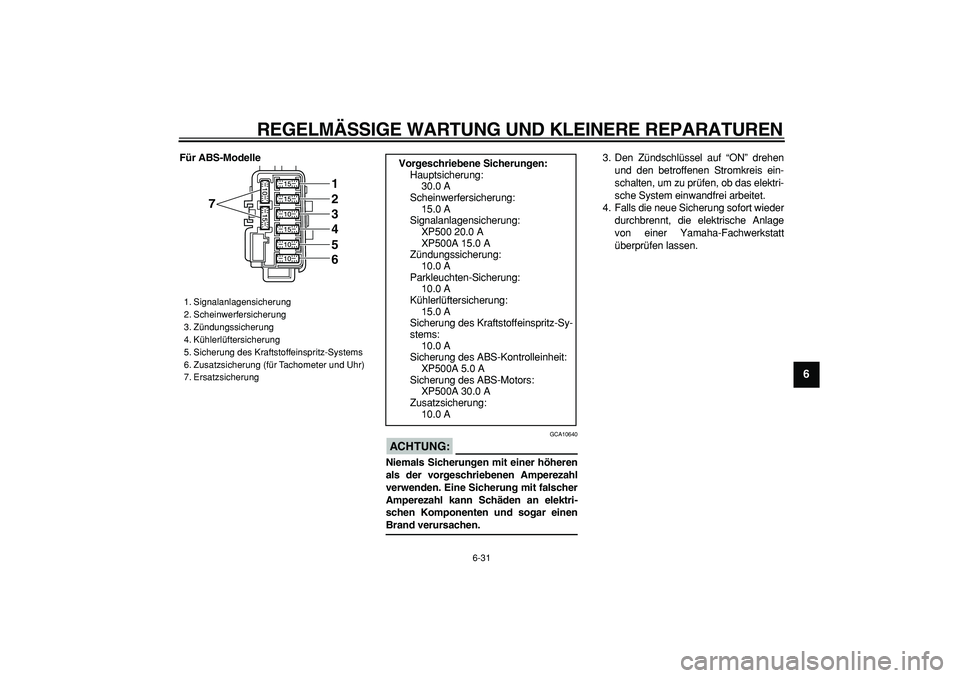 YAMAHA TMAX 2007  Betriebsanleitungen (in German)  
REGELMÄSSIGE WARTUNG UND KLEINERE REPARATUREN 
6-31 
2
3
4
5
67
8
9
 
Für ABS-Modelle
ACHTUNG:
 
 GCA10640 
Niemals Sicherungen mit einer höheren
als der vorgeschriebenen Amperezahl
verwenden. Ei