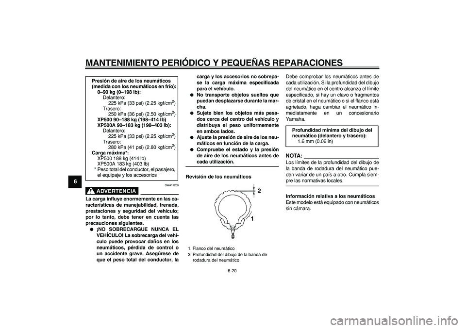 YAMAHA TMAX 2007  Manuale de Empleo (in Spanish)  
MANTENIMIENTO PERIÓDICO Y PEQUEÑAS REPARACIONES 
6-20 
1
2
3
4
5
6
7
8
9
ADVERTENCIA
 
SWA11200 
La carga influye enormemente en las ca-
racterísticas de manejabilidad, frenada,
prestaciones y se