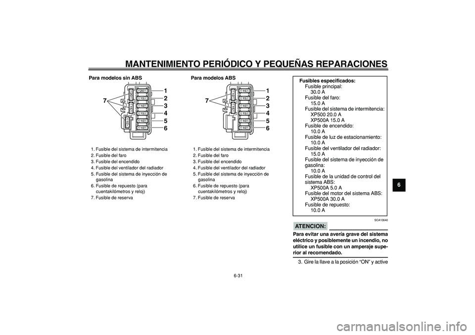 YAMAHA TMAX 2007  Manuale de Empleo (in Spanish)  
MANTENIMIENTO PERIÓDICO Y PEQUEÑAS REPARACIONES 
6-31 
2
3
4
5
67
8
9
 
Para modelos sin ABS Para modelos ABS
ATENCION:
 
 SCA10640 
Para evitar una avería grave del sistema
eléctrico y posiblem