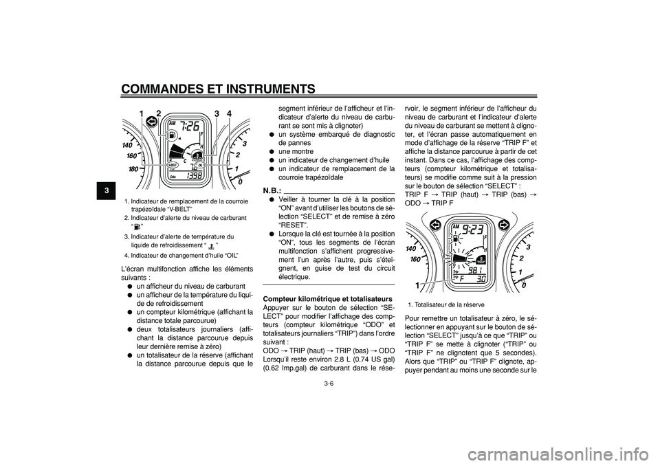 YAMAHA TMAX 2007  Notices Demploi (in French)  
COMMANDES ET INSTRUMENTS 
3-6 
1
2
3
4
5
6
7
8
9
 
L’écran multifonction affiche les éléments
suivants : 
 
un afficheur du niveau de carburant 
 
un afficheur de la température du liqui-
de