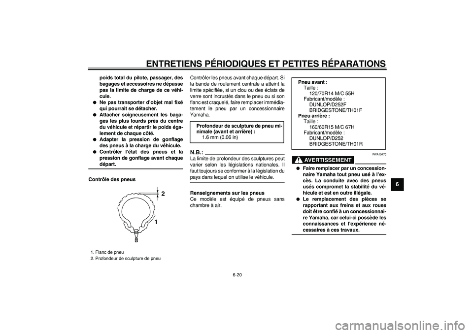 YAMAHA TMAX 2007  Notices Demploi (in French)  
ENTRETIENS PÉRIODIQUES ET PETITES RÉPARATIONS 
6-20 
2
3
4
5
67
8
9
 
poids total du pilote, passager, des
bagages et accessoires ne dépasse
pas la limite de charge de ce véhi-
cule. 
 
Ne pas 