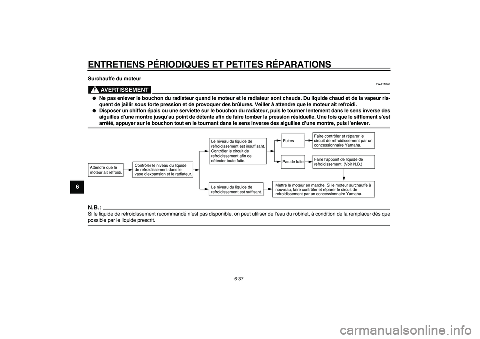 YAMAHA TMAX 2007  Notices Demploi (in French)  
ENTRETIENS PÉRIODIQUES ET PETITES RÉPARATIONS 
6-37 
1
2
3
4
5
6
7
8
9
 
Surchauffe du moteur
AVERTISSEMENT
 
FWAT1040 
 
Ne pas enlever le bouchon du radiateur quand le moteur et le radiateur so