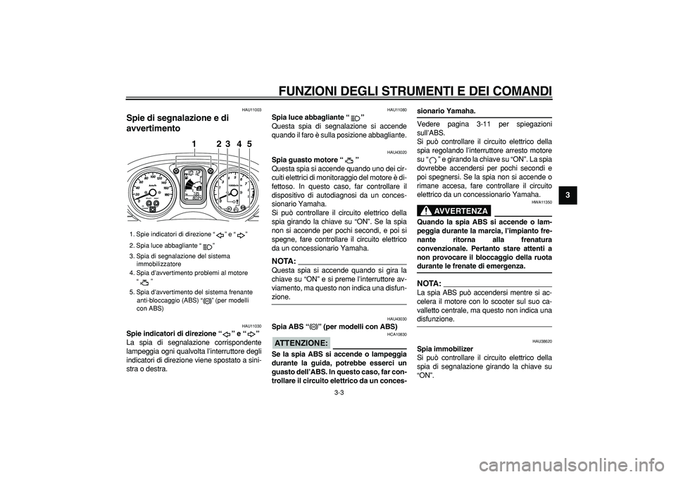 YAMAHA TMAX 2007  Manuale duso (in Italian)  
FUNZIONI DEGLI STRUMENTI E DEI COMANDI
 
3-3 
2
34
5
6
7
8
9
 
HAU11003 
Spie di segnalazione e di 
avvertimento  
HAU11030 
Spie indicatori di direzione “” e “”  
La spia di segnalazione co