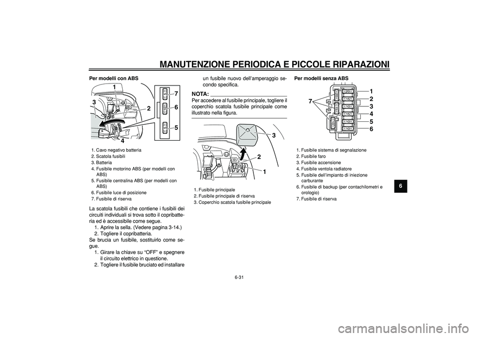 YAMAHA TMAX 2007  Manuale duso (in Italian)  
MANUTENZIONE PERIODICA E PICCOLE RIPARAZIONI
 
6-31 
2
3
4
5
67
8
9
 
Per modelli con ABS 
La scatola fusibili che contiene i fusibili dei
circuiti individuali si trova sotto il copribatte-
ria ed 