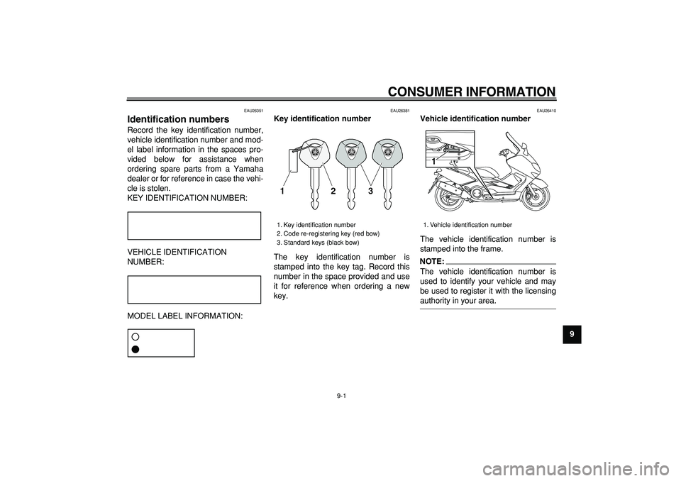 YAMAHA TMAX 2006 Manual Online
9-1
2
3
4
5
6
7
8
9
CONSUMER INFORMATION
EAU26351
Identification numbers
Record the key identification number,
vehicle identification number and mod-
el label information in the spaces pro-
v YAMAHA TMAX 2006 Manual Online
9-1
2
3
4
5
6
7
8
9
CONSUMER INFORMATION
EAU26351
Identification numbers
Record the key identification number,
vehicle identification number and mod-
el label information in the spaces pro-
v