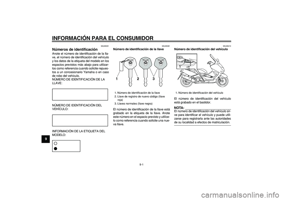 YAMAHA TMAX 2006  Manuale de Empleo (in Spanish)  
9-1 
1
2
3
4
5
6
7
8
9
 
INFORMACIÓN PARA EL CONSUMIDOR 
SAU26351 
Números de identificación  
Anote el número de identificación de la lla-
ve, el número de identificación del vehículo
y los