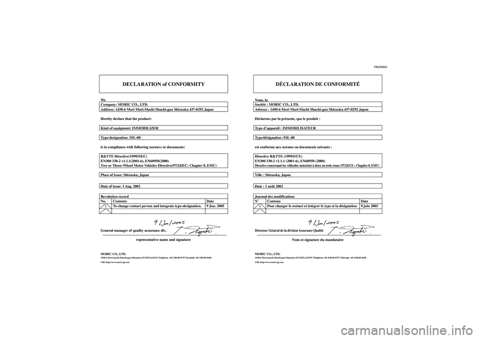 YAMAHA TMAX 2006  Notices Demploi (in French) DECLARATION of CONFORMITY
WeCompany: MORIC CO., LTD.
Address: 1450-6 Mori Mori-Machi Shuchi-gun Shizuoka 437-0292 Japan
Hereby declare that the product:
Kind of equipment: IMMOBILIZER
Type-designation