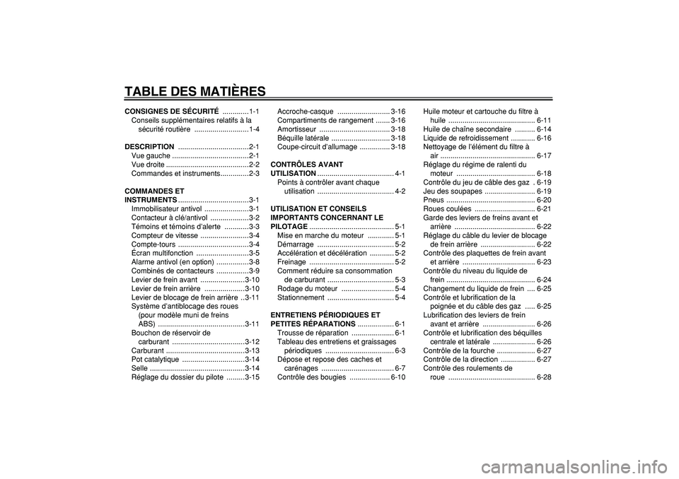 YAMAHA TMAX 2006  Notices Demploi (in French)  
TABLE DES MATIÈRES 
CONSIGNES DE SÉCURITÉ 
 .............1-1
Conseils supplémentaires relatifs à la 
sécurité routière  ...........................1-4 
DESCRIPTION 
 ........................