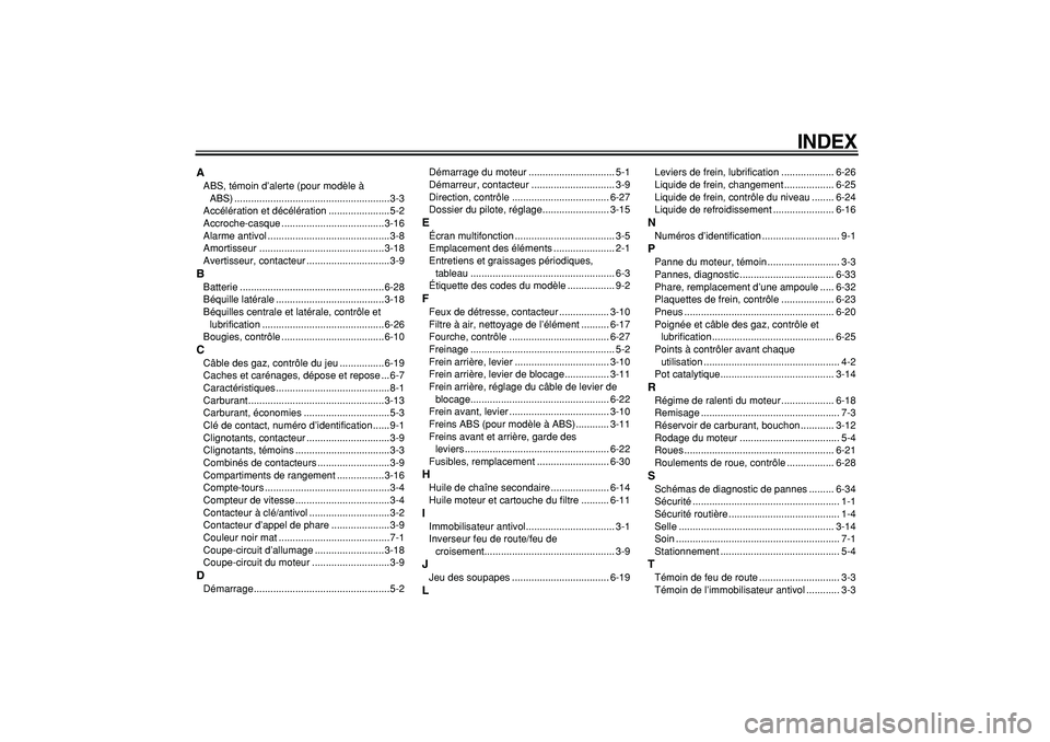YAMAHA TMAX 2006  Notices Demploi (in French)  
INDEX 
A 
ABS, témoin d’alerte (pour modèle à 
ABS) ........................................................3-3
Accélération et décélération ......................5-2
Accroche-casque .....