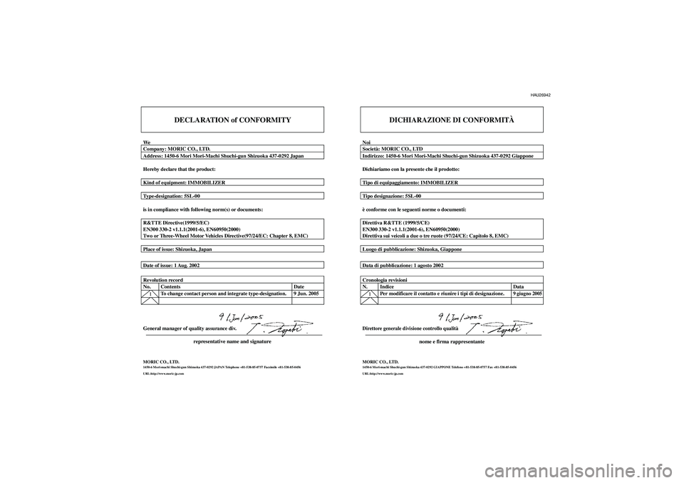 YAMAHA TMAX 2006  Manuale duso (in Italian) DECLARATION of CONFORMITY
WeCompany: MORIC CO., LTD.
Address: 1450-6 Mori Mori-Machi Shuchi-gun Shizuoka 437-0292 Japan
Hereby declare that the product:
Kind of equipment: IMMOBILIZER
Type-designation