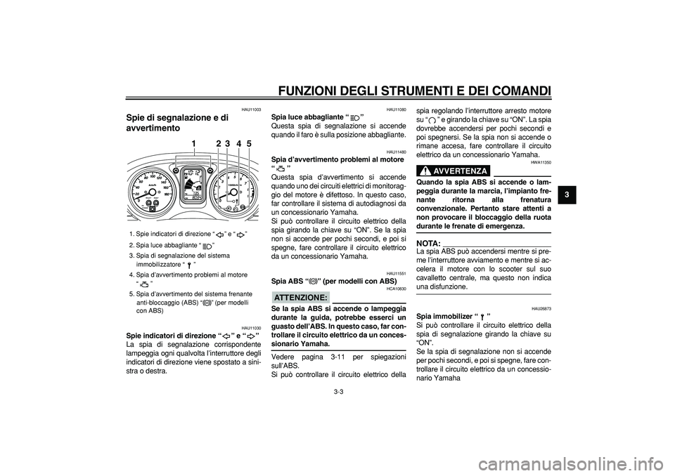 YAMAHA TMAX 2006  Manuale duso (in Italian)  
FUNZIONI DEGLI STRUMENTI E DEI COMANDI
 
3-3 
2
34
5
6
7
8
9
 
HAU11003 
Spie di segnalazione e di 
avvertimento  
HAU11030 
Spie indicatori di direzione “” e “”  
La spia di segnalazione co