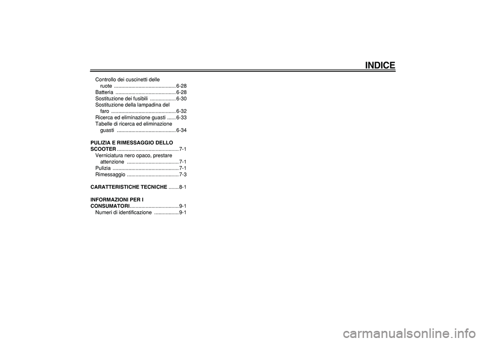 YAMAHA TMAX 2006  Manuale duso (in Italian)  
INDICE
 
Controllo dei cuscinetti delle 
ruote ........................................... 6-28
Batteria .......................................... 6-28
Sostituzione dei fusibili  ..................