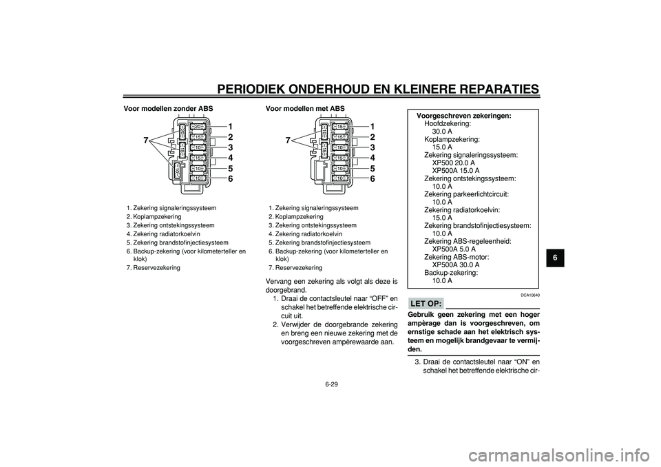 YAMAHA TMAX 2006  Instructieboekje (in Dutch)  
PERIODIEK ONDERHOUD EN KLEINERE REPARATIES 
6-29 
2
3
4
5
67
8
9
 
Voor modellen zonder ABS Voor modellen met ABS 
Vervang een zekering als volgt als deze is
doorgebrand.
1. Draai de contactsleutel 