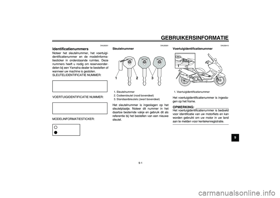 YAMAHA TMAX 2006 Instructieboekje (in Dutch)
9-1
2
3
4
5
6
7
8
9
GEBRUIKERSINFORMATIE
DAU26351
Identificatienummers
Noteer het sleutelnummer, het voertuigi-
dentificatienummer en de modelinforma-
tiesticker in onderstaande ruimtes. Deze YAMAHA TMAX 2006 Instructieboekje (in Dutch)
9-1
2
3
4
5
6
7
8
9
GEBRUIKERSINFORMATIE
DAU26351
Identificatienummers
Noteer het sleutelnummer, het voertuigi-
dentificatienummer en de modelinforma-
tiesticker in onderstaande ruimtes. Deze