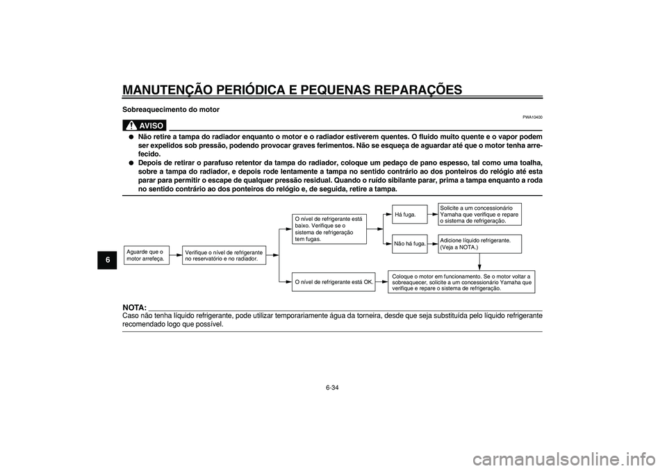 YAMAHA TMAX 2006  Manual de utilização (in Portuguese)  
MANUTEN ÇÃO PERI ÓDICA E PEQUENAS REPARA ÇÕES 
6-34 
1
2
3
4
5
6
7
8
9
 
Sobreaquecimento do motor
AVISO
 
PWA10400 
 
N ão retire a tampa do radiador enquanto o motor e o radiador estiverem 