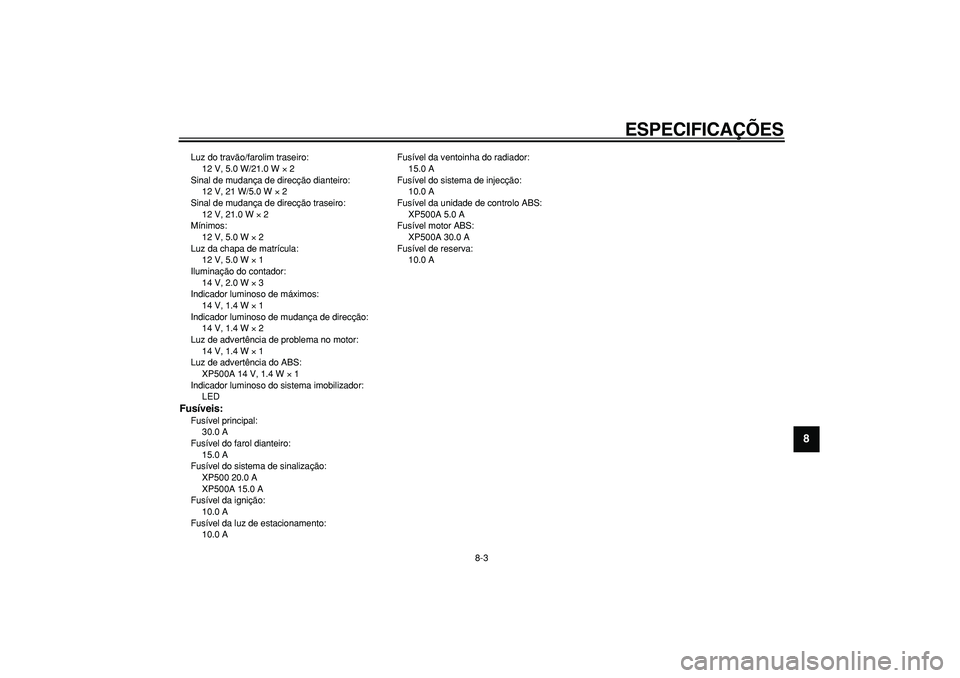 YAMAHA TMAX 2006  Manual de utilização (in Portuguese)  
ESPECIFICAÇÕES 
8-3 
2
3
4
5
6
7
89
 
Luz do travão/farolim traseiro: 
12 V, 5.0 W/21.0 W  
× 
 2
Sinal de mudança de direcção dianteiro: 
12 V, 21 W/5.0 W  
× 
 2
Sinal de mudança de direc